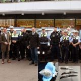 Emergency services in the background, narcotics and three knives found in the foreground