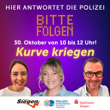 Auf dem Bild sind drei Personen zu sehen. Über den Personen sind verschiedene Schriftzüge. Dort steht "Hier antwortet die Polizei", "Bitte folgen" und "Kurve kriegen". Zudem ist das Datum des 30. Oktober auf dem Bild zu sehen.