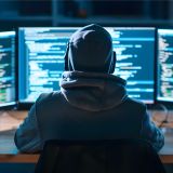 Symbolbild für Cybercrime. Eine Person mit aufgesetzter Kapuze in Rückenansicht. Person sitzt vor mehreren PC-Bildschirmen.