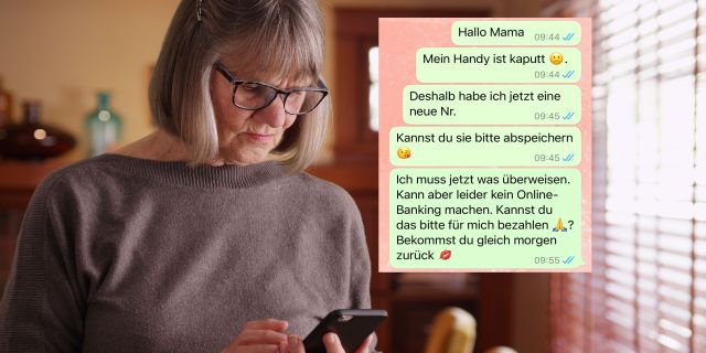 Frau tippt auf einem Smartphone und im Bild wird der Chatverlauf des Enkeltricks gezeigt